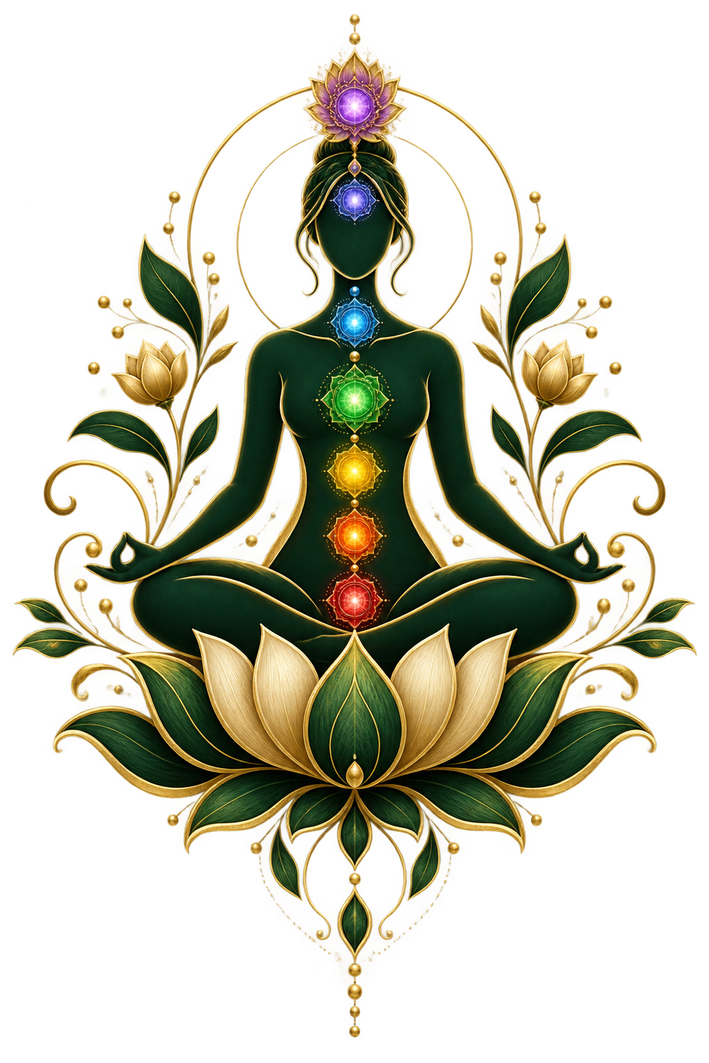 Lotus meditation artwork with seven chakra symbols representing balance and awareness